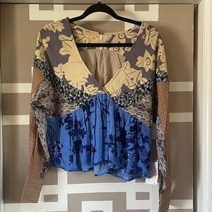Free People Mixed Floral Patchwork Long Sleeve Top in Blue, Cream, Brown